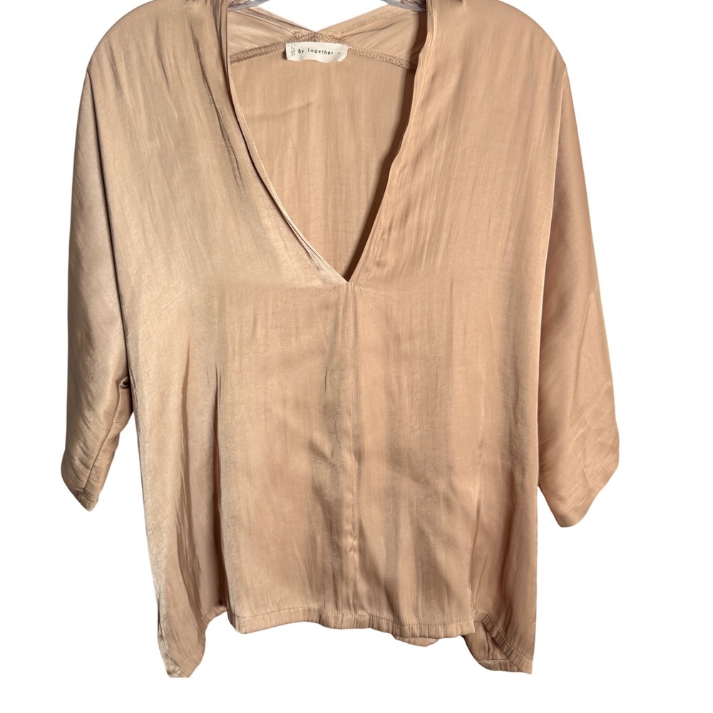 V-Neck‎ Blouse Women Large Tan Satin Dolman Sleeve Boho Minimalist